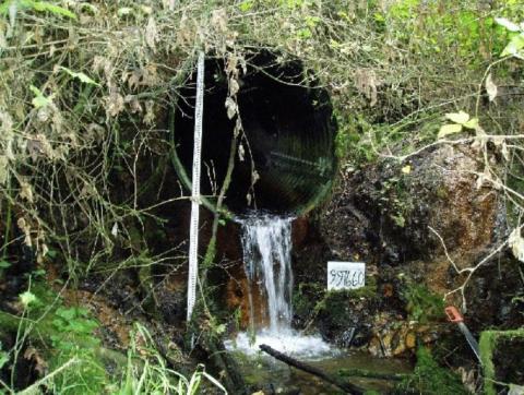 A photo showing the existing Unnamed Tributary to Big Soos Creek culvert as it crosses under SR 18 that does not allow fish to pass.