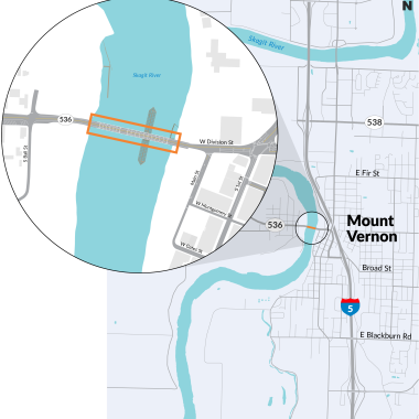 A graphic map of the SR 536 Skagit River Bridge in Mount Vernon.
