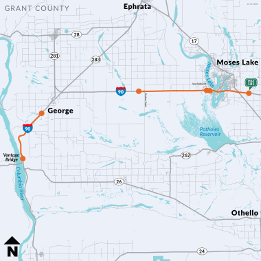 This map shows (in orange) the different sections of the  project on I-90, with the city of Moses Lake on the far right of the image and the town of George near the left side.