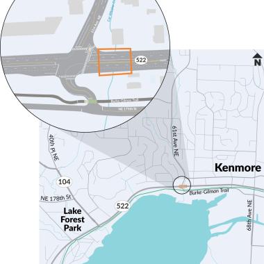 A map shows an orange square at the location where Cat Whisker Creek travels under SR 522 just east of 61st Avenue Northeast in Kenmore. WSDOT will build a fish-passable structure in this location.