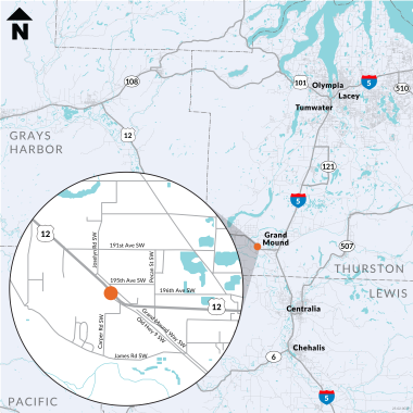 A map with a zoomed in callout bubble to show the proximity of the pre-sign study area in it's relation to the Grand Mound community in southwest Thurston County.