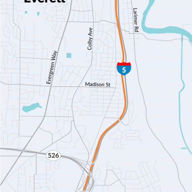 A map showing an orange line on southbound I-5 in Everett, where WSDOT crews will pave I-5 from 100th Street Southeast to Broadway Avenue.
