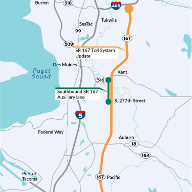 Map of SR 167 with a highlighted section where construction will take place.