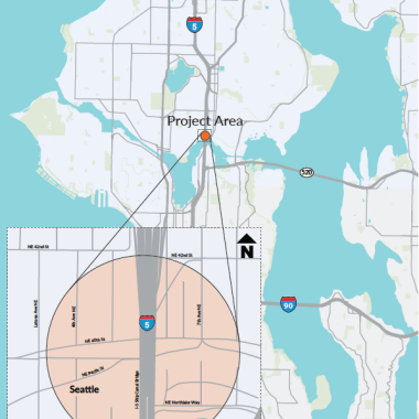A map of I-5 with an orange circle showing the project location. This map also includes a callout box, zooming in on the project location, showing the side streets near the project area.