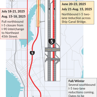 A map showing I-5 from I-90 to Northeast 45th Street in Seattle and where construction will happen in 2025.