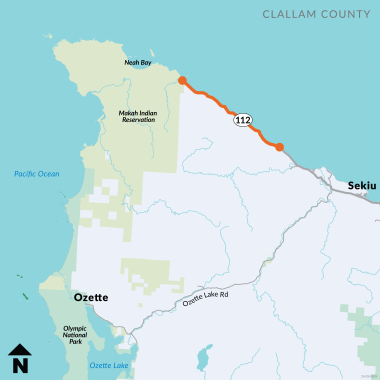 A map of State Route 112 between milepost 0 and milepost 7.5 where a paving and preservation project will take place.