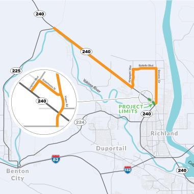 A map of the SR 240 Corridor Improvements project in Richland and the detour routes around the work zone.