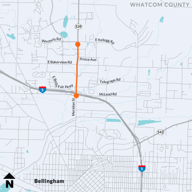 A map with orange dots and an orange line shows the project area where crews will pave and make improvements to State Route 539 in both directions, from Interstate 5 to Kellogg Road in Bellingham.