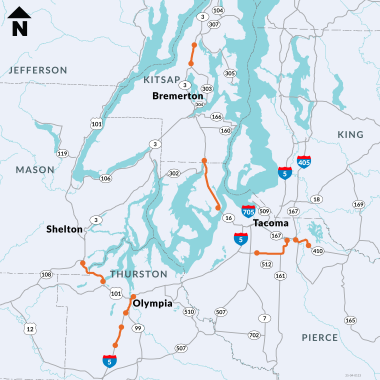 A map of the south Puget Sound region shows orange lines where paving projects are located on I-5, US 101 and state routes 3, 16, 410 and 512.