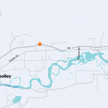 A map with orange dots and an orange line indicating the project area for the SR 20 Coal Creek fish passage project.