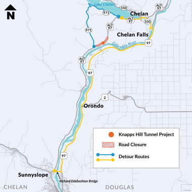 Map of the closure of US 971 before Knapps Hill Tunnel and of the two detour routes.