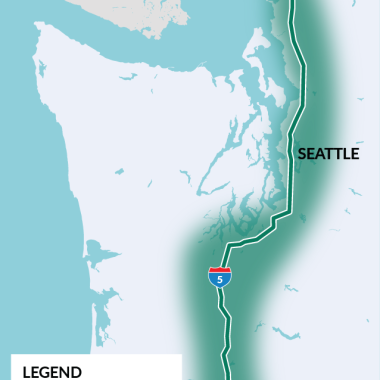 Cascadia Program map showing the I-5 Master Plan study area from the U.S.-Canada border in Blaine to the Oregon-Washington border. The Cascadia High-Speed Rail Corridor Area stretches from the Portland, OR, Seattle, WA and Vancouver, British Columbia metropolitan areas.