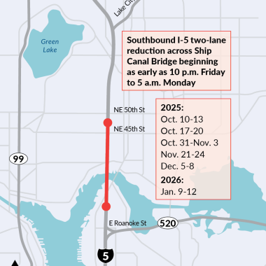 A map showing where work will occur in the southbound I-5 Ship Canal Bridge along with the closure dates that are listed in the "What to expect" section.