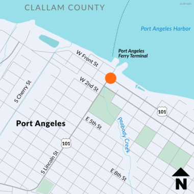 A map of downtown Port Angeles. An orange dot shows the location of Peabody Creek beneath US 101 near Lincoln Street.