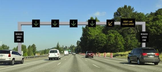 Graphic of an ATDM gantry with lane control in effect. Four lanes show green down arrows. Fifth lane (rightmost) shows down left yellow merge arrow. Overhead message sign shows "right lane closed ahead" text. Side signs show "reduced speed zone" text.