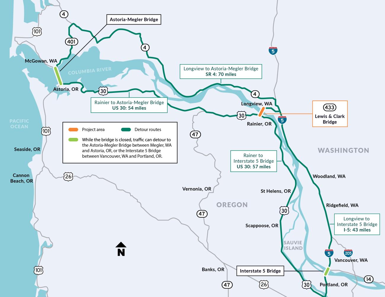 There will be two detours available during the full closure - the Astoria-Megler Bridge and the Interstate 5 Bridge. 