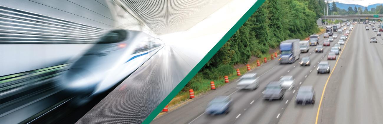 High-speed rail train next to image of a congested part of I-5 in Washington. 
