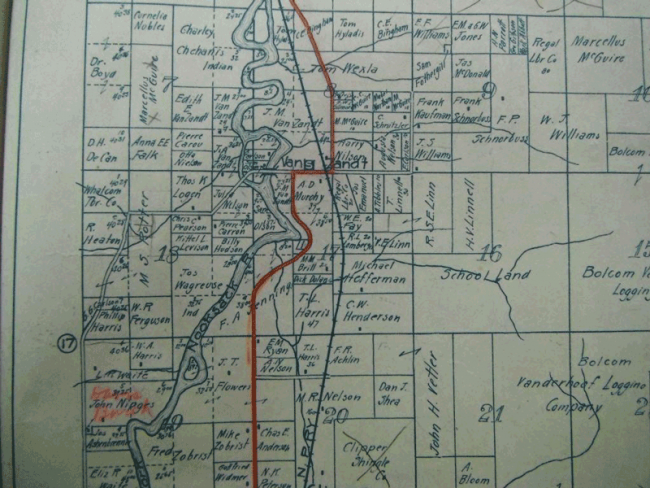 Kroll’s 1914 map showing the predecessor road to SR 9 prior to its realignment south of Van Zandt, marked in red.