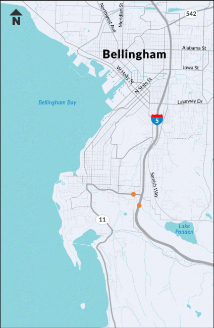 Map showing Padden Creek fish passage sites on I-5 and SR 11.