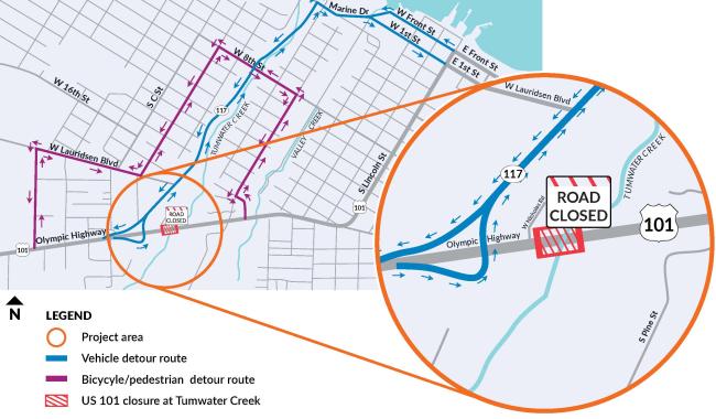 A map that shows a detour route in Port Angeles, Washington. US 101 will be closed at Tumwater Creek. The detour route shows travelers taking Marine Drive and the Tumwater Truck Route to get around the closure. Bicycles and pedestrians will use South Pine Street, West 8th Street, South B Street, Lauridsen Boulevard and South Bean Street to get around the closure.