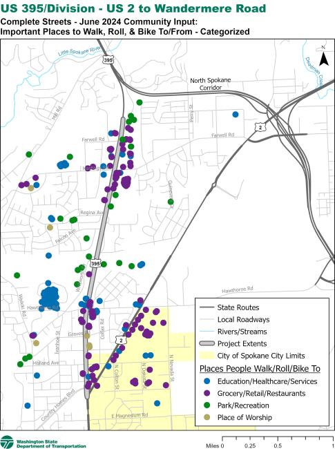 US 395 Division Wye to Wandermere paving project and complete streets map showing important places to walk, bike and roll.