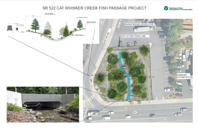 A conceptual graphic shows the design for 6100 Northeast Way, where WSDOT will transform a former Jack in the Box restaurant into a daylighted stream to support fish passage. The graphic shows the former Jack in the Box location with an open steam surrounded by trees. 