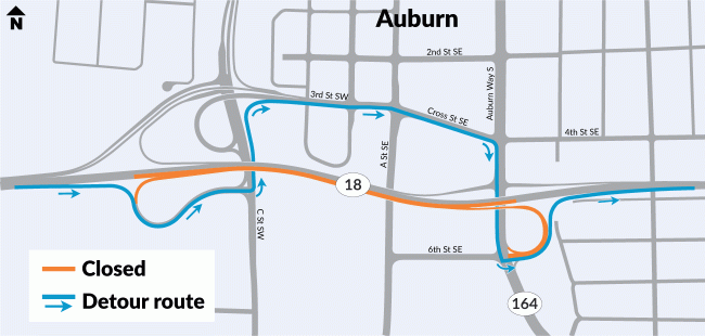 A picture of a map that says Auburn, that shows a detour outline in blue for a project. An orange line shows where there will be a road closure on SR-18