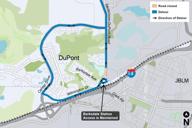 A map showing a detour route during Steilacoom-DuPont Road weekend closure.