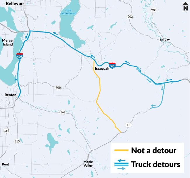 Map shows acceptable westbound freight detours during the SR 18 closure in blue and an unacceptable freight route in orange.