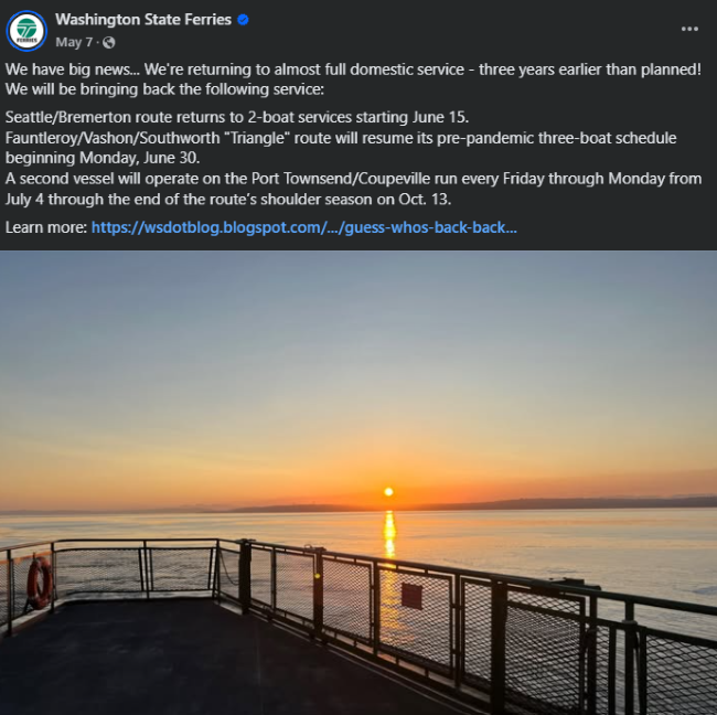 Screenshot of May 7 Washington State Ferries Facebook post with an announcement about ferry service resumption and a sunset over calm waters from a ferry deck.