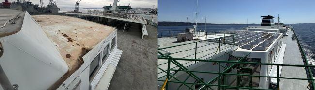 Side-by-side photos of a ferry roof with rust on the left and a refurbished ferry roof on right.