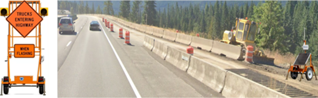 Orange warning sign with two beacons next to traffic sensor on roadway