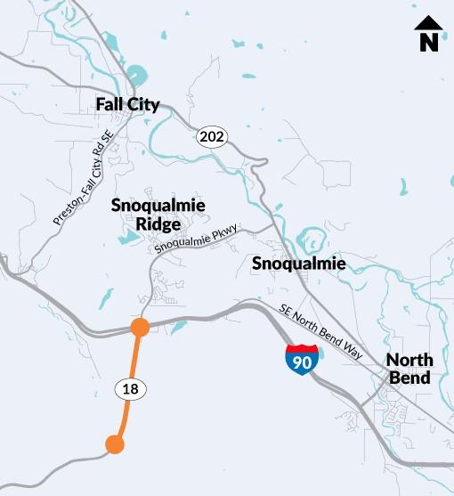 Map shows area I-90/SR 18 Interchange Improvements project will be working.