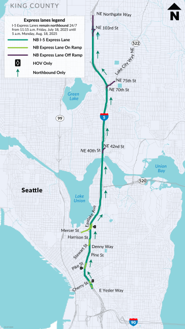 A map with a green line showing the Interstate 5 Express lanes as northbound-only 24/7 until Aug. 18 during construction.