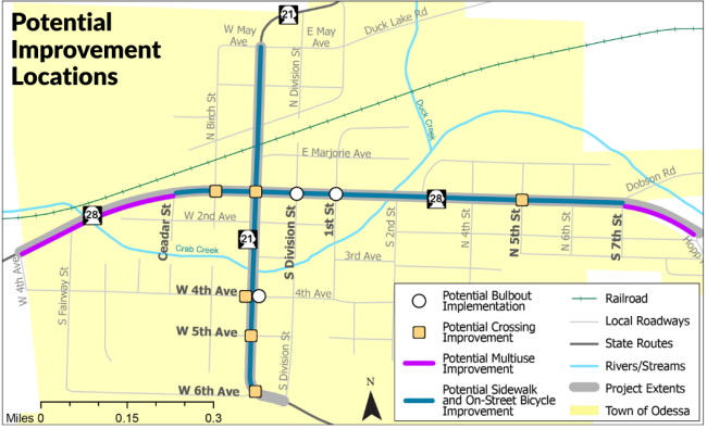 The image displays a map titled "Potential Improvement Locations," focusing on the town of Odessa. It highlights several potential infrastructure improvements overlaid on a pale yellow map background. Key features include potential bulbouts, crossing improvements, multiuse improvements, and sidewalk and on-street bicycle improvements, using different colored lines and symbols to represent each.