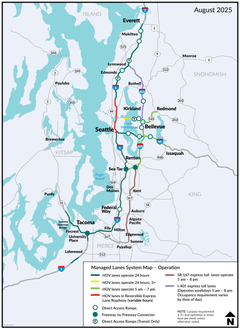A map showing the different types of HOV lanes throughout the Puget Sound area and their operating hours and requirements.