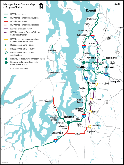 A map showing the location of different types of HOV and tolled lanes in the greater Puget Sound area. It also shows upcoming changes to the roadways with regards to HOV lanes and managed lanes. 