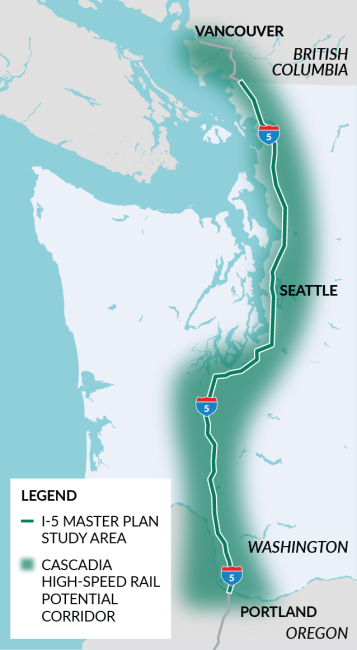 Cascadia Program map showing the I-5 Master Plan study area from the U.S.-Canada border in Blaine to the Oregon-Washington border. The Cascadia High-Speed Rail Corridor Area stretches from the Portland, OR, Seattle, WA and Vancouver, British Columbia metropolitan areas.