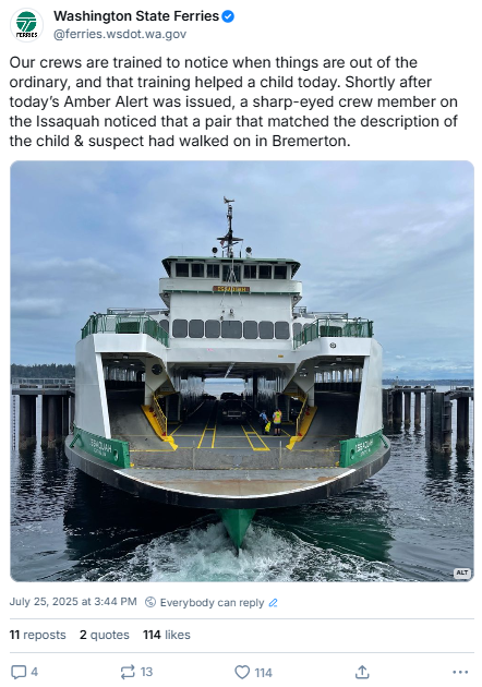 July 25 Washington State Ferries Bluesky post with a photo showing the ferry Issaquah and text describing how a crew member helped spot an Amber Alert suspect and child.