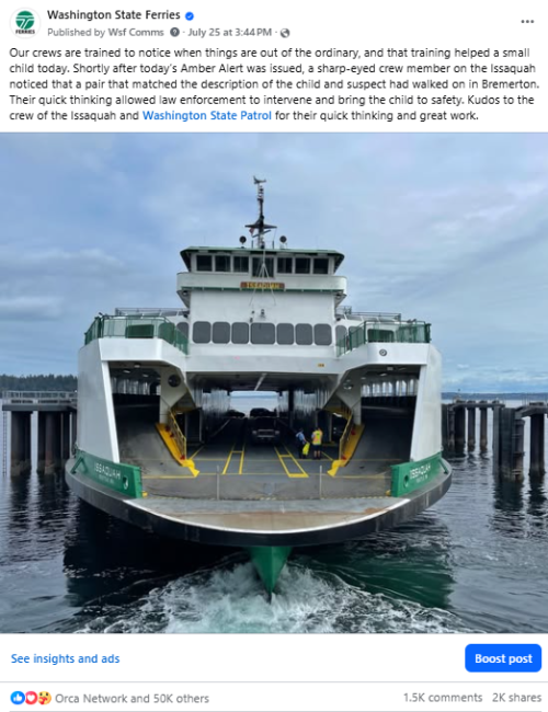 July 25 Washington State Ferries Facebook post with a photo showing the ferry Issaquah and text describing how a crew member helped spot an Amber Alert suspect and child.