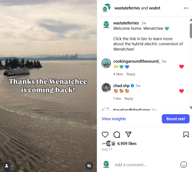 July 11 Washington State Ferries Instagram post with a video of the inside and outside of the ferry Wenatchee and text reading "Welcome home, Wenatchee."