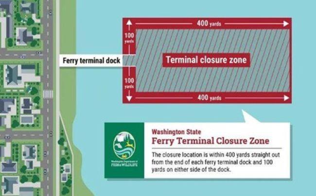 Diagram showing a ferry terminal closure zone in water, marked in red with dimensions 400 yards by 100 yards, next to a shoreline with houses.