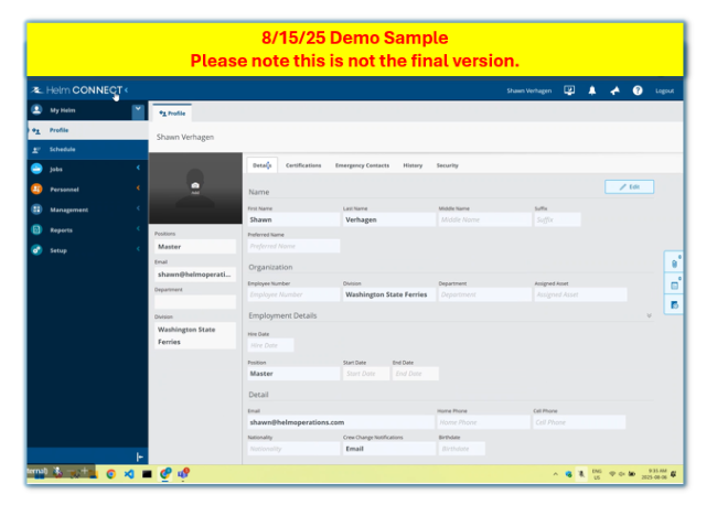 Screenshot of a Helm CONNECT draft mockup of dispatch system with text "8/15/25 Demo Sample Please note this is not the final version."