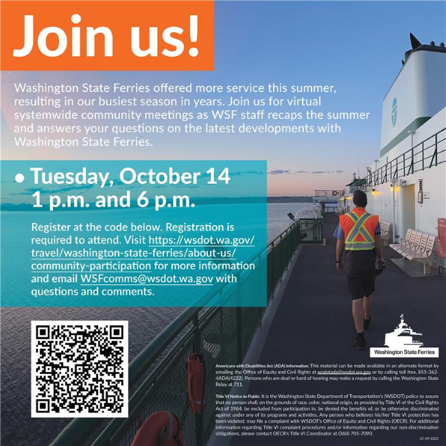 Washington State Ferries meeting poster with event details, a sunset ferry image and a QR code.