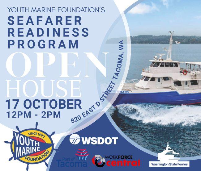 Advertisement for Youth Marine Foundation's Seafarer Readiness Program open house with a ferry on the water and sponsor logos.